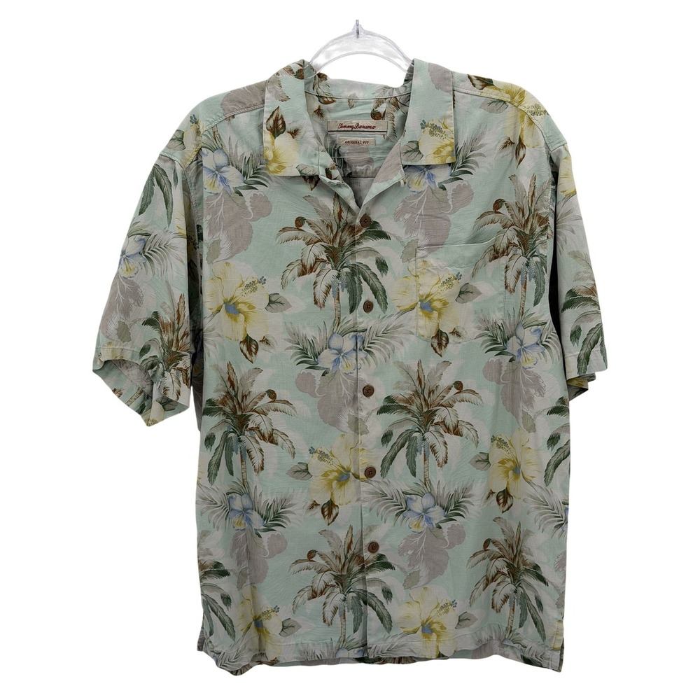 Tommy Bahama Shirt Mens Large Green Button Up Tropical Floral Hawaiian Silk